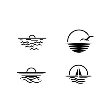 Black and white ocean icons set.