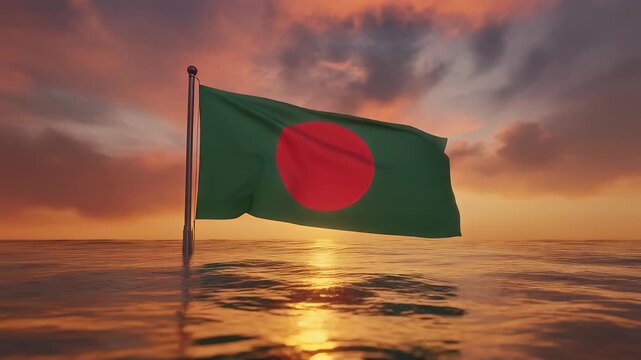 National flag of bangladesh nation waving on the wind with a beautiful sunset on the background, banner of the country