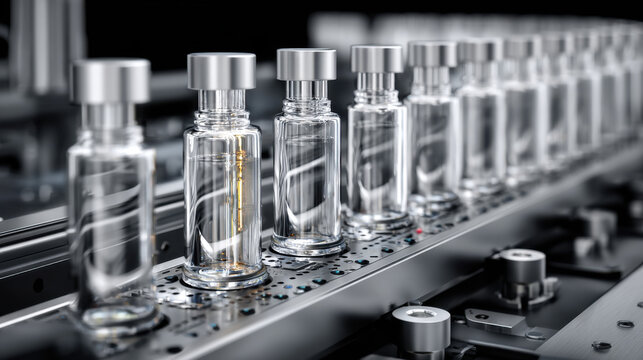 Automated pharmaceutical production line with numerous vials filled with liquid, showcasing modern medical manufacturing
