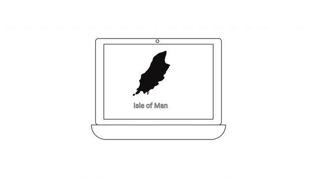 Laptop displaying Isle of Man map graphic with text.