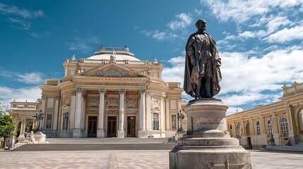 Obraz premium Bronze statue of a historical figure stands in front of a grand neoclassical building with columns under a bright blue sky with clouds