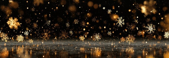 Naklejka premium Golden snowflakes fall against a dark background with a reflective surface