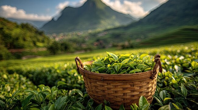 Lush green tea leaves overflow a rustic basket in a sun-drenched mountain plantation