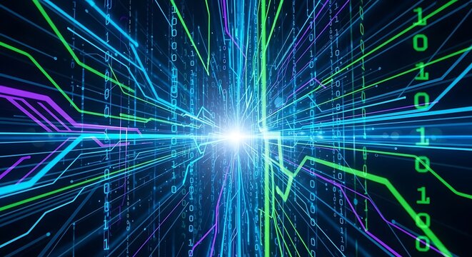 Abstract digital data streams and lines in futuristic technological design