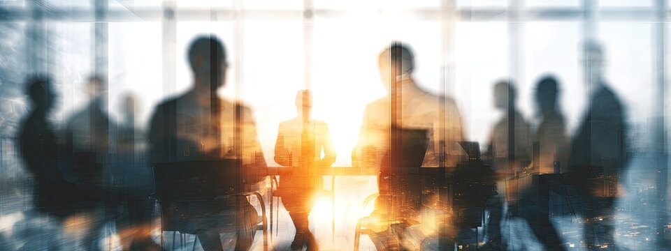 Silhouetted business people in a meeting room at sunrise, double exposure