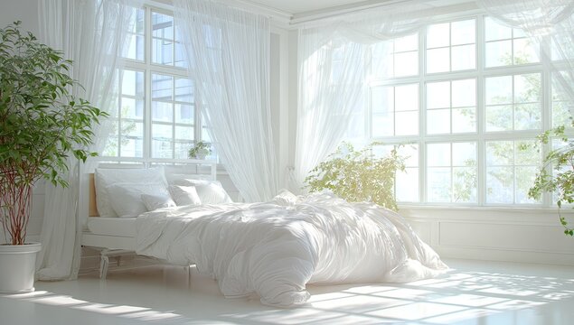 Bright, airy bedroom with large windows, white bedding, and lush greenery