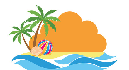 Obraz premium Serene tropical island scene with tall palm trees, a sandy beach, colorful beach ball, sea shell, and blue ocean waves.