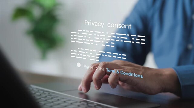 Compliance specialist reviewing privacy consent terms on laptop interface. Concept of pdpa compliance, gdpr regulations, user data privacy management, and legal policy agreement.