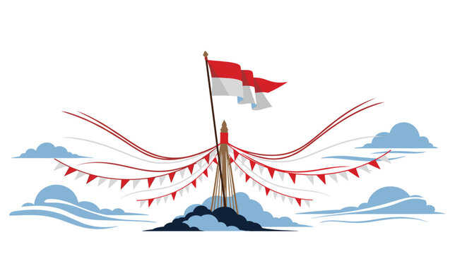 Red and white flag flying on a pole above decorative bunting and clouds in a clear blue and white sky background.