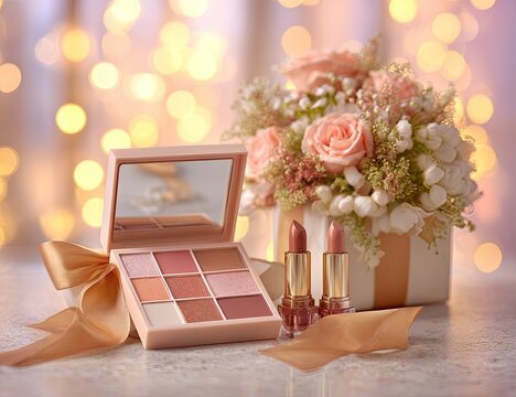 Soft pink makeup palette, two lipsticks, and a bouquet of roses on a table