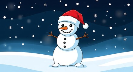 Fototapeta premium Cartoon snowman with red hat in winter scene with falling snow
