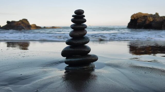 Zen stone tower balanced on a sandy beach as ocean waves crash and wash over it. Calm concept of mindfulness, stability, wellness, and mental health resilience.