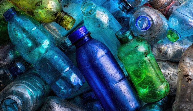 A vibrant, close-up pile of used plastic bottles in various colors
