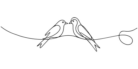 Two Birds Sitting on Tree Branch Continuous One Line Drawing, Continuous one line of a two birds sitting on a branch, symbolizing love, affection, care, and unity isolated on a white background, drawn © line draw