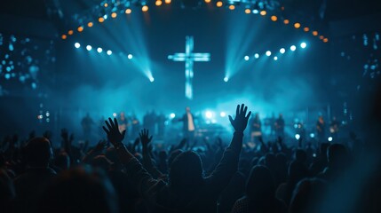 Obraz premium Energetic Christian Worship Service with Glowing Cross and Uplifted Hands in Blue Light