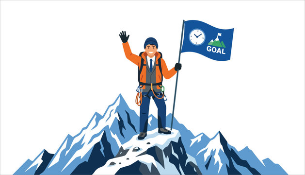 An illustration of a successful businessman climber reaching a snowy mountain peak, waving triumphantly while holding a flag with a 'GOAL' emblem.