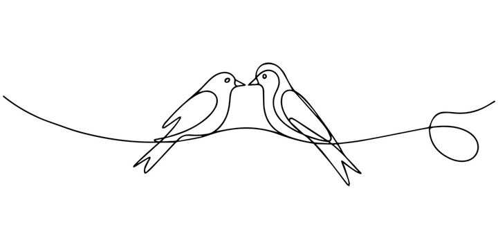 Two Birds Sitting on Tree Branch Continuous One Line Drawing, Continuous one line of a two birds sitting on a branch, symbolizing love, affection, care, and unity isolated on a white background, drawn
