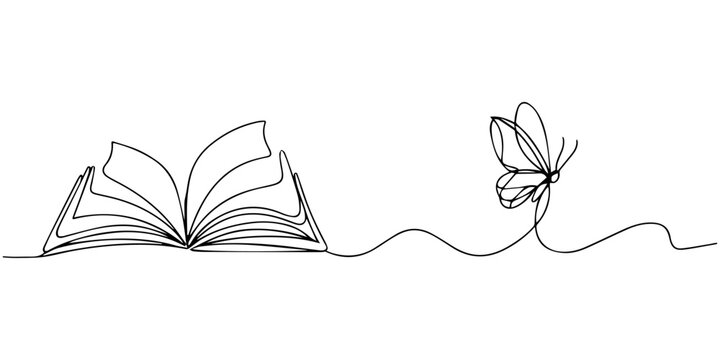 Flying butterfly with open book continuous one line drawn. Magic story concept. Vector illustration isolated on white, Flying book one line drawing with butterfly. Continuous hand drawn contour vector