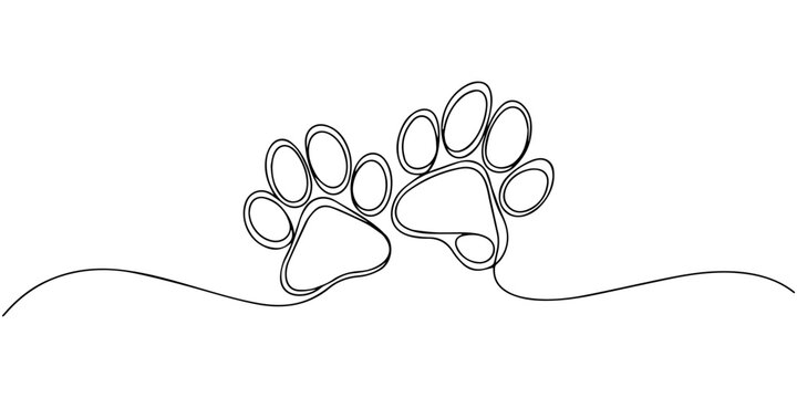A single-line drawing of a dog or cat paw. A single-line drawing of a dog or cat's paw print. Editable outline, dog paw print  continuous one line drawing, Continuous one line drawing of a cat or dog
