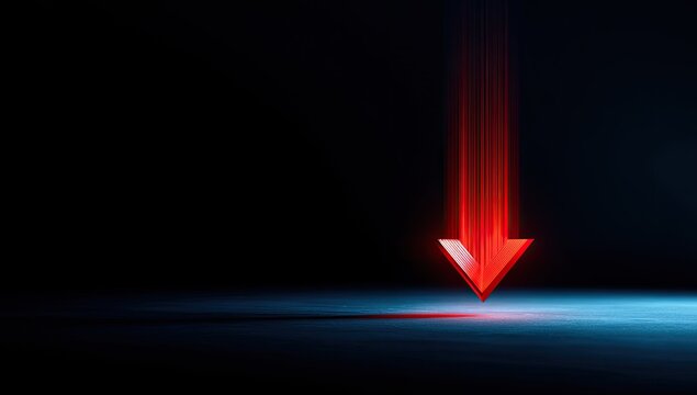 A bright red, glowing arrow streaks downward into a dark, reflective surface