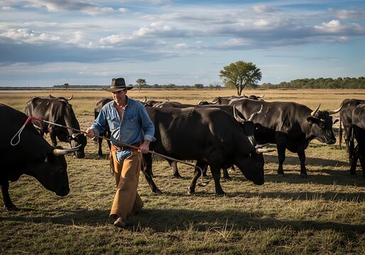 Cattle herder guiding livestock across a grassy field under a cloudy sky