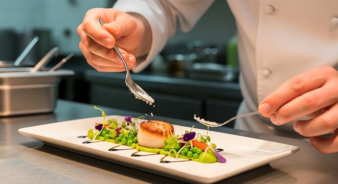 Chef plating gourmet dish in professional kitchen with artistic presentation