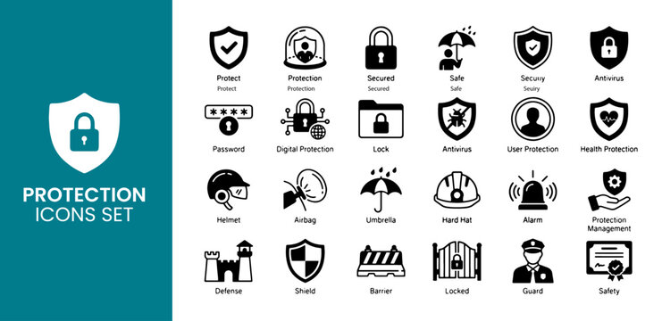 Protection icon set featuring security, GDPR compliance, legal terms, confidential information, digital rights, cyber, sever and private user agreement symbols.vector illustration and transparent png 