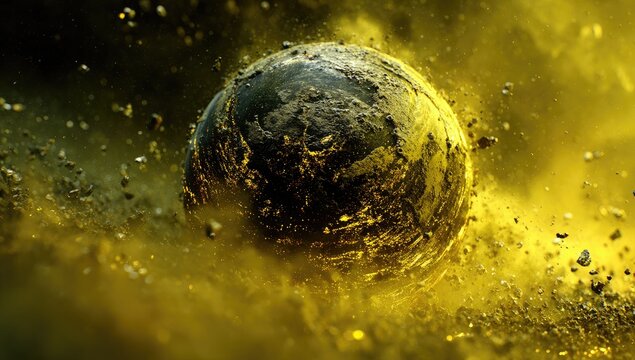 A textured, barren planetoid engulfed in vibrant yellow, dusty clouds