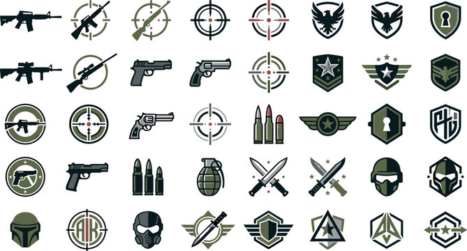Military Weapon and Tactical Badge Vector Icon Set with Guns, Targets, Helmets, Grenades and Army Symbols for Defense Design Projects