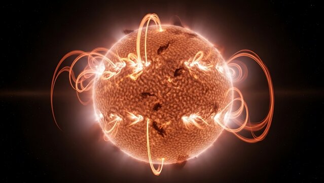 Fiery Sun with Magnetic Field Lines and Solar Flares.