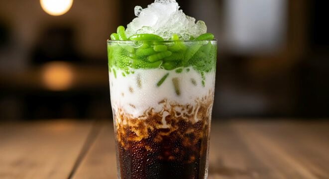 Traditional Indonesian Cendol Dessert Drink with Coconut Milk and Palm Sugar Syrup