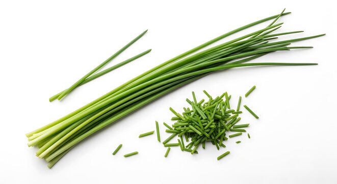 Fresh Chives Bunch and Chopped Herbs on White Background.