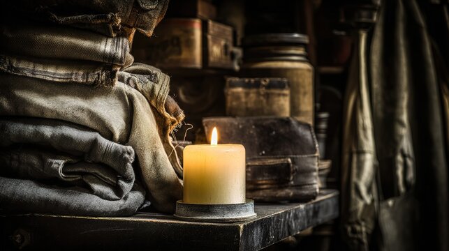 provisions. A hidden cellar room with a candle illuminating provisions and folded old clothing. symbolizing life milestones and joyful moments.