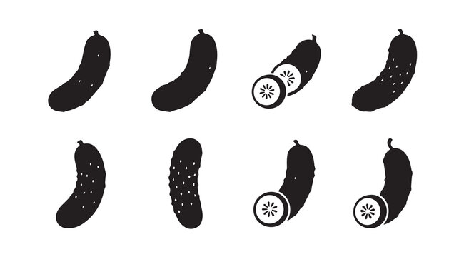Various whole and sliced cucumber silhouettes on a white background for healthy food concepts