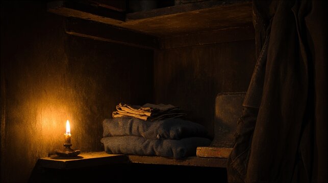 provisions. A hidden cellar room with a candle illuminating provisions and folded old clothing. symbolizing life milestones and joyful moments.