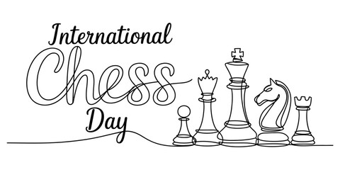 International chess day continuous line drawing with text and chess pieces like king queen knight and rook for a minimal design concept © Surjo Stocker_2026