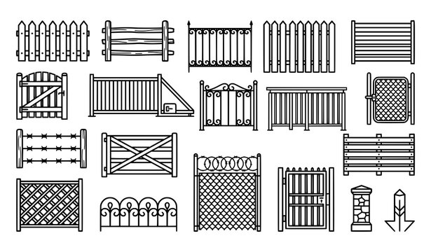 Creative fence outline vector icon set with minimalist outdoor symbols