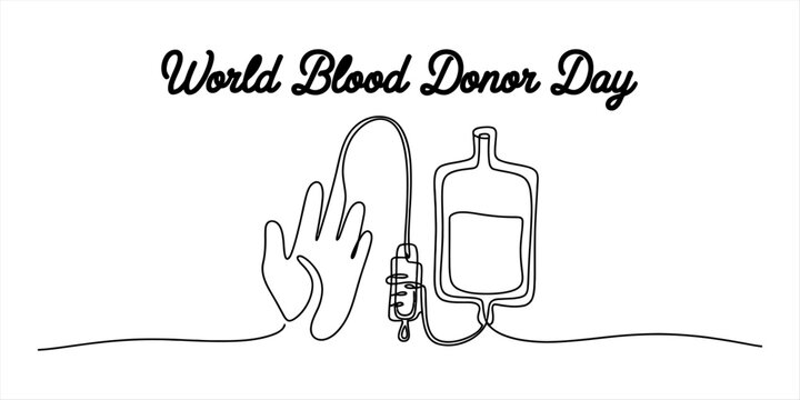 World blood donor day concept with a continuous single line drawing of a human hand and a medical blood bag for donation awareness and health care support