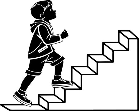 Child climbing stairs, black silhouette vector illustration