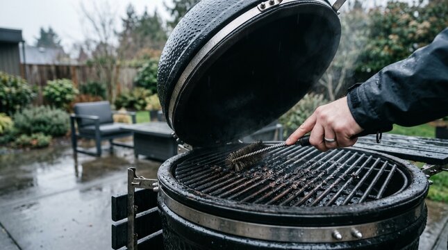 Person brushing grill grates outdoors in rainy weather  
