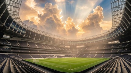 Fototapeta premium football stadium with glowing golden clouds and illuminated green field, fantasy sports background for competition and entertainment themes