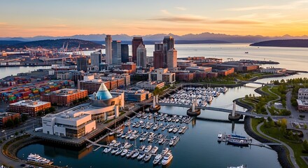 Obraz premium Cityscape at sunset with harbor waterfront and towering buildings