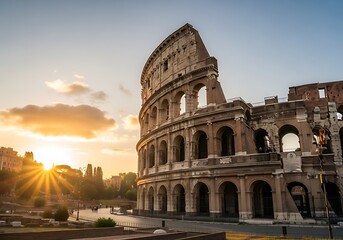 Naklejka premium Ancient roman colosseum at sunrise with dramatic lighting and sunburst