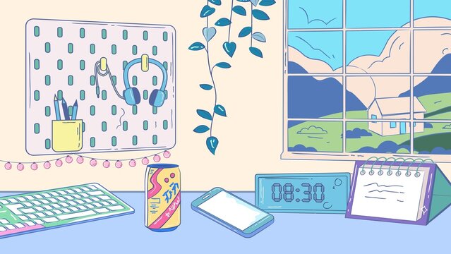 Ilustrasi kamar anime bergaya retro dengan pencahayaan hangat, dekorasi aesthetic, dan suasana cozy yang nyaman.