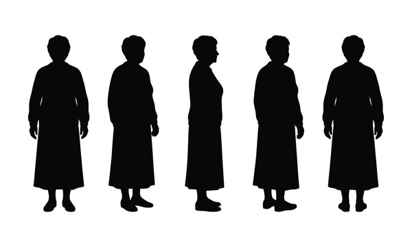 Five full-length black silhouettes of senior women standing gracefully in various poses, showcasing different angles against a clean white background, ideal for demographic representation.