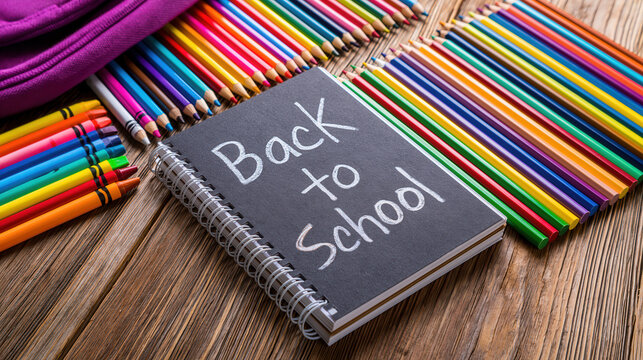 A notebook with back to school written on it surrounded by colorful pencils