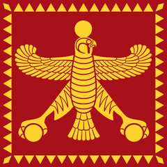 Naklejka premium Persian Empire flag, standard of Cyrus the Great, Achaemenid Empire founder, featuring Shahbaz, a fabled bird with spread wings and falcon head, in Persian mythology a god who is guiding the Iranians.