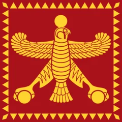 Persian Empire flag, standard of Cyrus the Great, Achaemenid Empire founder, featuring Shahbaz, a fabled bird with spread wings and falcon head, in Persian mythology a god who is guiding the Iranians. © Peter Hermes Furian