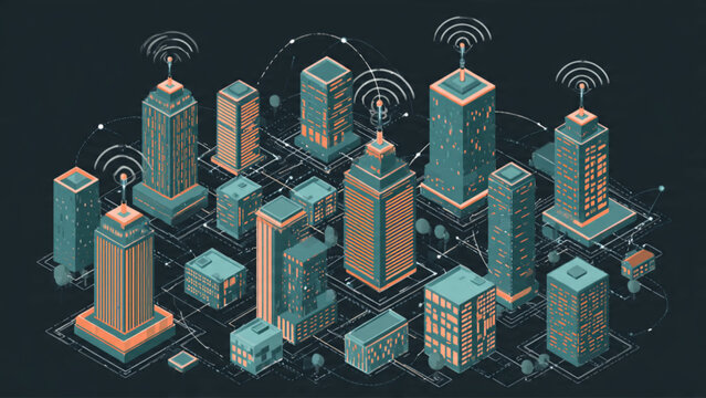 Modern cityscape with tall buildings illuminated at night wireless communication network