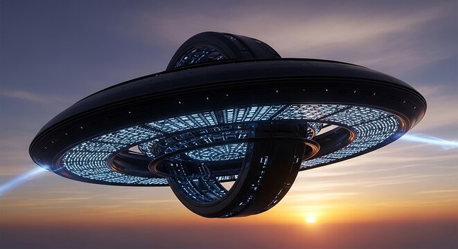 Futuristic UFO spacecraft hovering in dark cosmic atmosphere with glowing light